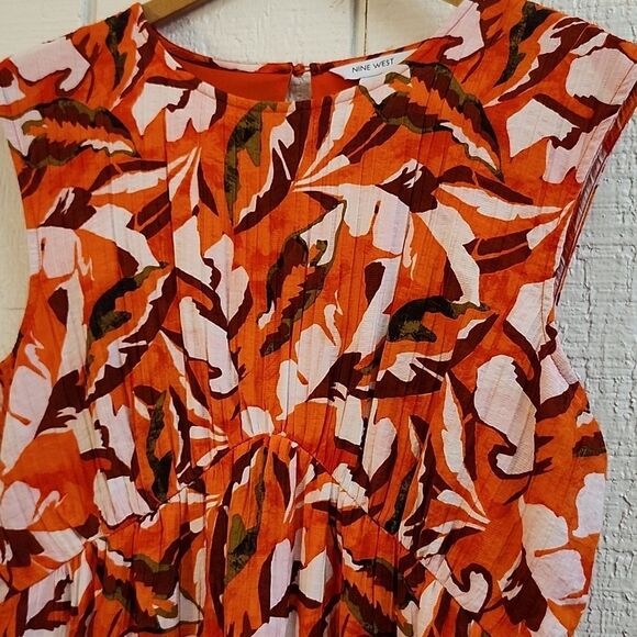 NINEโWEST Women's Orange Red Patterned Dress Spring Summer Maxi Umpire Waist L - Picture 3 of 10